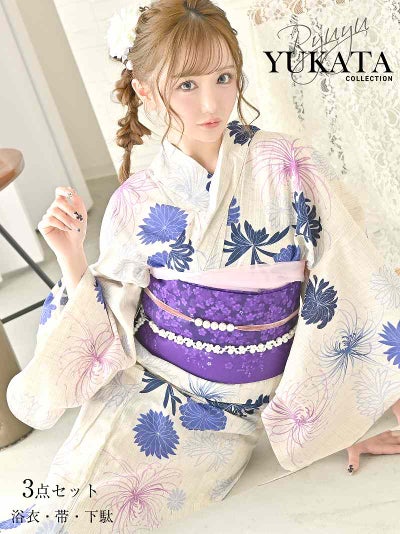 浴衣 きなり地に鮮やかな花柄が映える和風モダンで大人ガーリーな浴衣3点セット りせり 着用 浴衣【Ryuyu】(フリーサイズ)(パープル)
