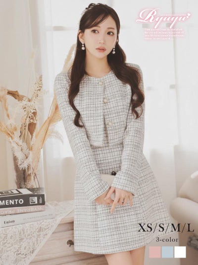 ※一部予約販売※上品なチェック柄のニットツイードが目を惹くパールボタン付きノーカラーワンピーススーツ 【Ryuyu】(XS/S/M/L)(ピンク/ブルー/ホワイト)
