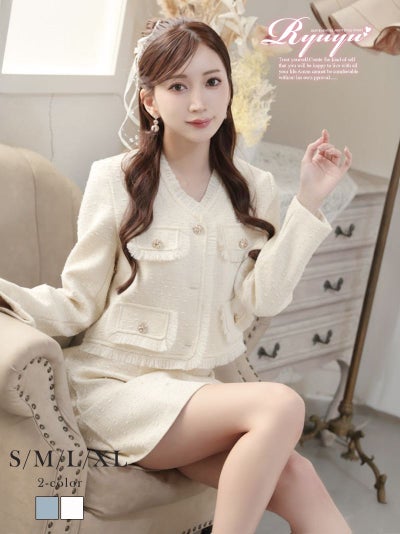 上品なツイード素材とゴールドボタンが映えるフリンジデザインのノーカラースーツセットアップ 【Ryuyu】(S/M/L/XL(2L))(ブルー/オフホワイト)