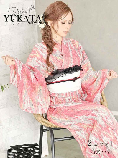 こなれ感たっぷりなマーブル模様が映えるニュアンスカラー浴衣 帯付き2点セット【Ryuyu】(フリーサイズ)(オレンジ)