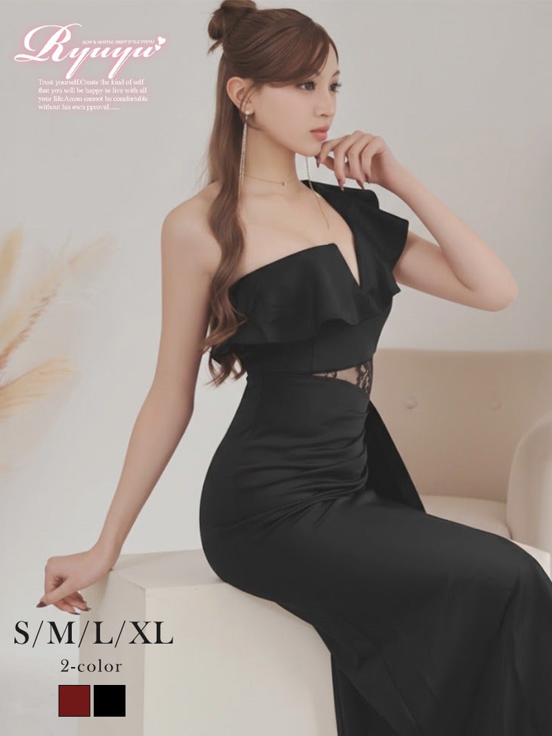 ※一部予約販売※ワンショルダーのフリルが華やかなウエストアシンメトリー透けレースロングドレス 【Ryuyu】