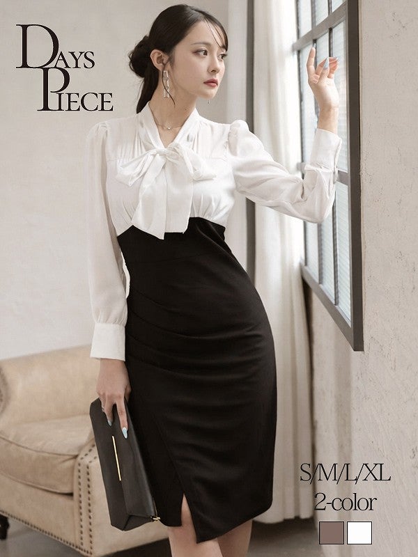 ※一部予約販売※上品なボウタイリボンで清楚に魅せるハイウエスト切替の韓国style膝丈キャバワンピース KANO 着用 キャバワンピース【DaysPiece】