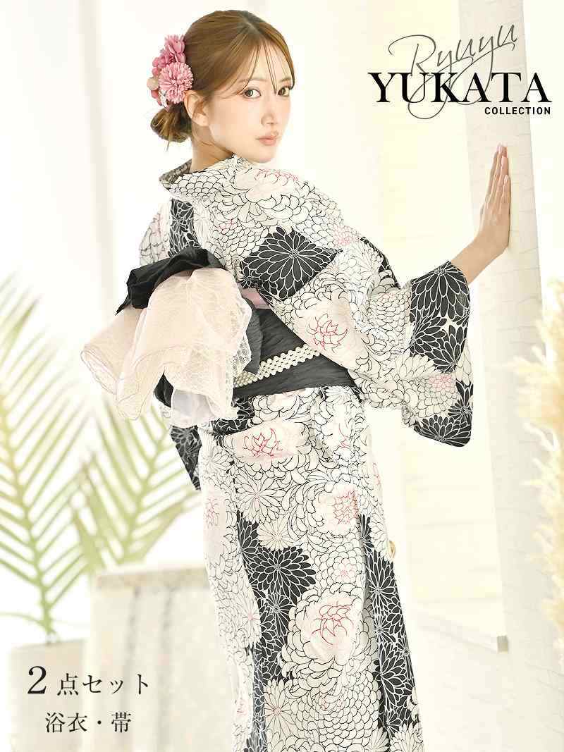 落ち着いたモノトーンに繊細な糸菊が咲き誇る大人モダンな和花浴衣セット【Ryuyu】