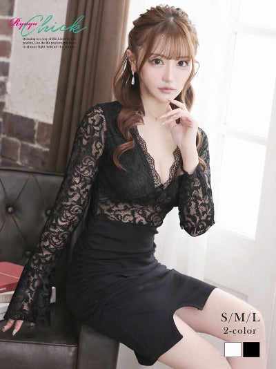 繊細なレースの肌透け感と谷間みせがセクシーなフレア袖バイカラータイトミニドレス 【RyuyuChick】(S/M/L)(ホワイト/ブラック)