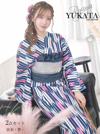 矢絣風ストライプ柄大人モダン浴衣帯付き2点セット【Ryuyu】(フリーサイズ)(ピンク)