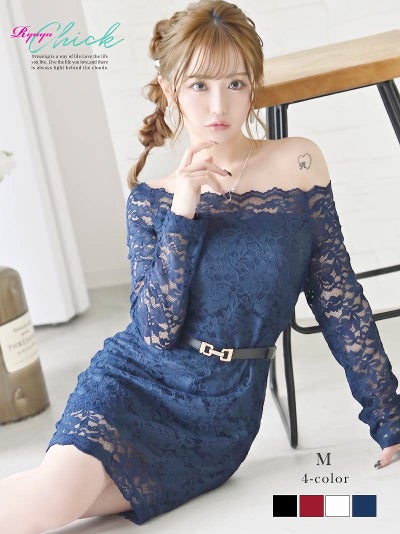 ※一部予約販売※総レースの透け感が艶やかなオフショル長袖タイトミニドレスで色気を演出 【RyuyuChick】(M)(ブラック/ホワイト/ネイビー/レッド)