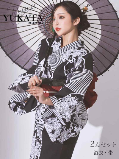 凛としたモノトーンの菊柄と粋なストライプが目を惹く大正ロマンな2点セット高級浴衣 【Ryuyu】(フリーサイズ)(ブラック)
