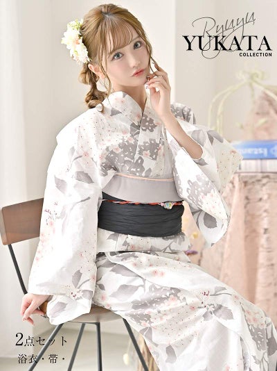 浴衣 しっとりとした白地に淡いくすみカラーの桜柄が上品に広がる大人可愛い古典柄浴衣セット りせり 着用 キャバドレス 【Ryuyu】(フリーサイズ)(ホワイト)