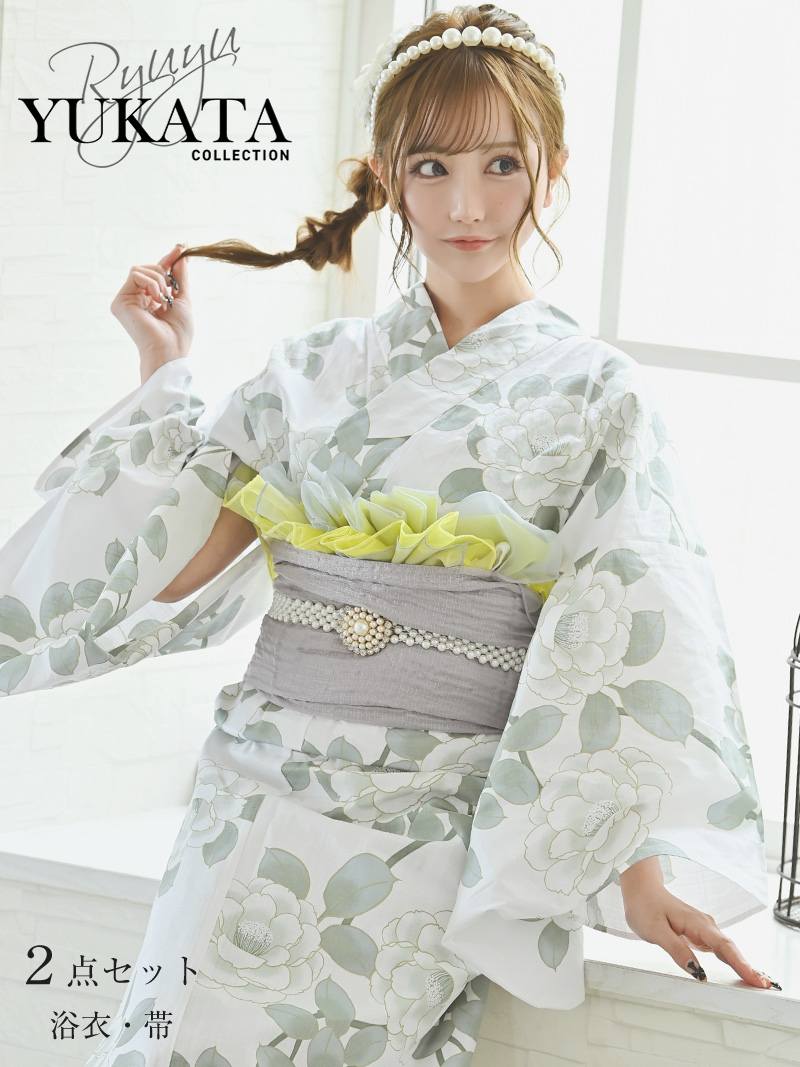 浴衣 淡い色合いの椿の花柄が上品で大人っぽい浴衣と帯の2点セット りせり 着用 【Ryuyu】
