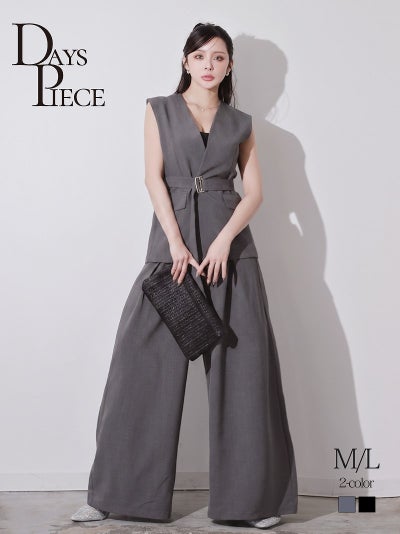 ※一部予約販売※高級生地で仕立てた美シルエットのロングジャケットとワイドパンツが大人な韓国風スタイルを叶えるセレブワンピース風セットアップ KANO 着用 【DaysPiece】(M/L)(ブラック/グレー)
