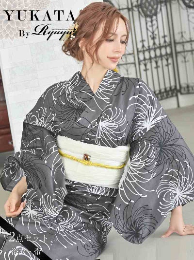 浴衣 粋な大人の魅力を引き立てるモノトーンの彼岸花柄黒浴衣2点セット Ryuyu 【Ryuyu】(フリーサイズ)(チャコールグレー)