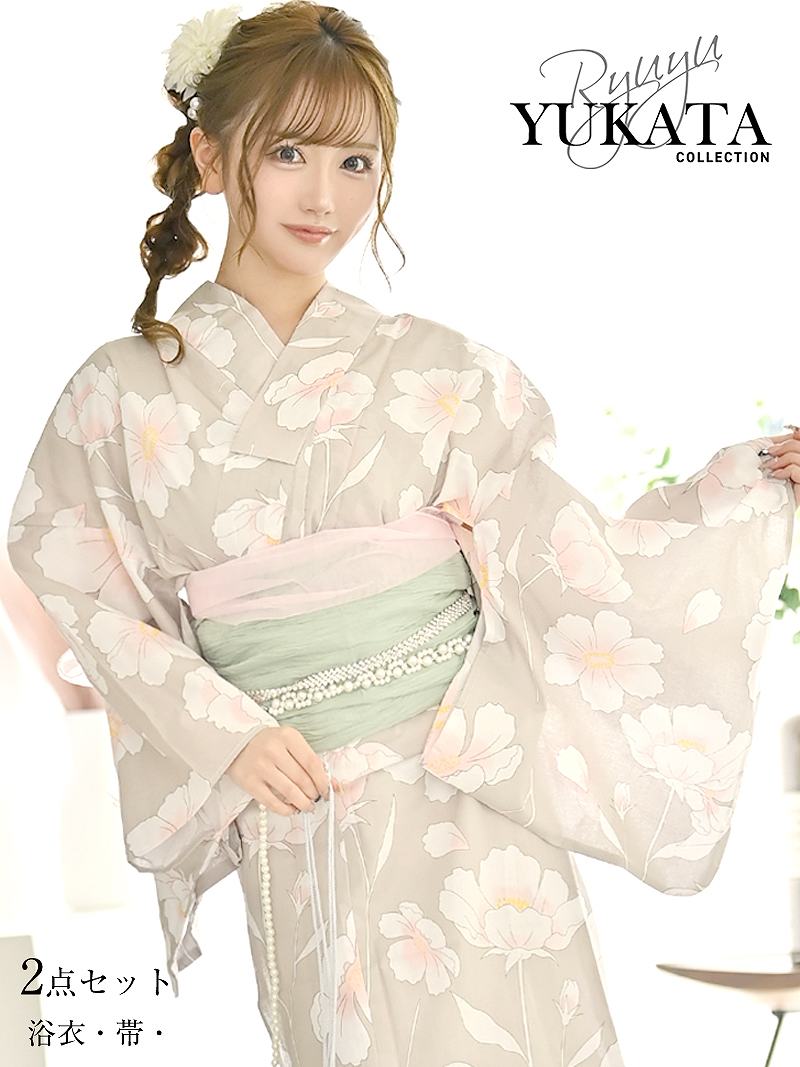 浴衣 ニュアンス感のあるくすみカラーが上品な椿柄で女性らしさを引き立てるベージュの浴衣セット りせり 着用 【Ryuyu】