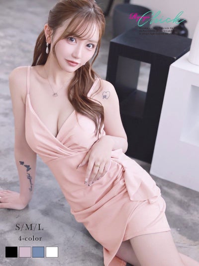 先行予約割¥4680→¥4539!※一部予約販売※胸元のカシュクールデザインが谷間を美しく魅せるアシンメトリーフリルタイトキャミミニドレス りせり 着用 キャバドレス【RyuyuChick】(S/M/L)(ブラック/ピンク/ホワイト/ブルー)