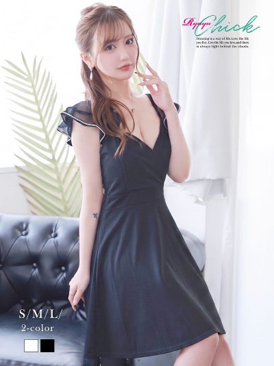 ※一部予約販売※袖フリルとオーガン袖が二の腕を華奢見せしてくれるビジュー付きドールフレアミニドレス りせり 着用 キャバドレス【RyuyuChick】(S/M/L)(ホワイト/ブラック)