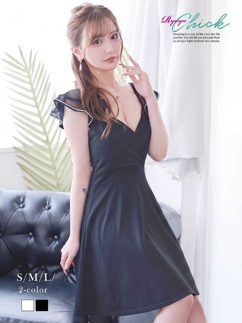 ※一部予約販売※袖フリルとオーガン袖が二の腕を華奢見せしてくれるビジュー付きドールフレアミニドレス りせり 着用 キャバドレス【RyuyuChick】