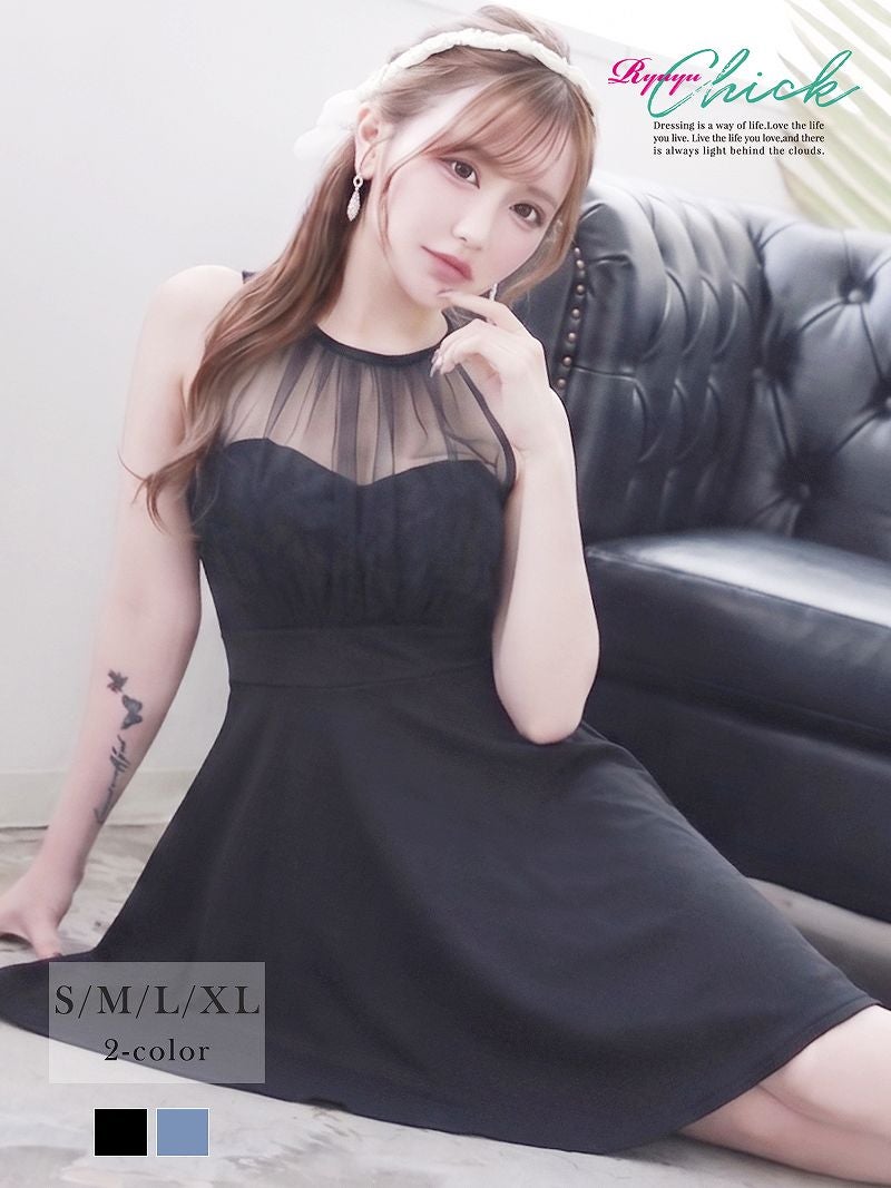 ※一部予約販売※チュールレースの透け感と谷間見せがセクシーなハイウエスト切り替えアメスリフレアミニドレス りせり 着用 キャバドレス【RyuyuChick】