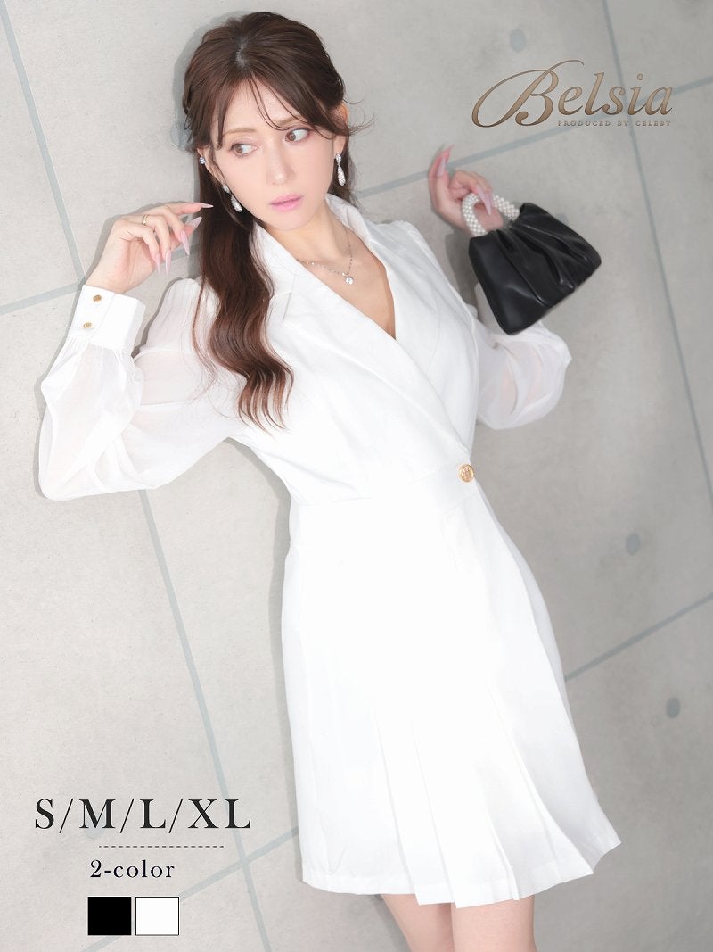 シフォン袖の透け感と裾プリーツが目を惹くアシンメトリーデザインの長袖キャバワンピース 加賀美早紀 着用キャバドレス 【Belsia】