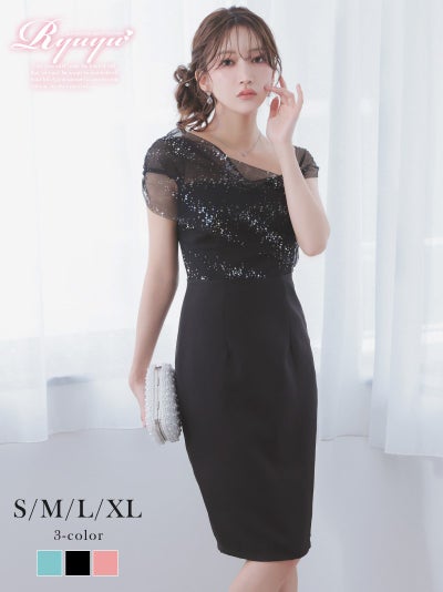 ※一部予約販売※ラメ入りオーガンジーアシンメトリーオフショル膝丈タイトドレス【Ryuyu】(S/M/L/XL(2L))(ピンク/ブラック/グリーン)