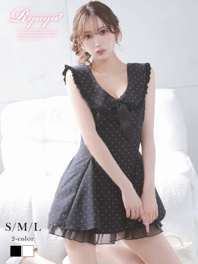 ※一部予約販売※ドット柄フリル襟リボンフレアミニドレス【Ryuyu】(S/M/L)(ホワイト/ブラック)