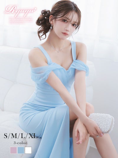 ※一部予約販売※オーガンジーのショール風デザインが高級感を醸し出すサイドギャザー入りロングスリットドレス 【Ryuyu】(S/M/L/XL(2L))(ホワイト/ラベンダー/ブルー)