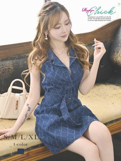 ダイヤ柄ステッチが大人可愛いデニム素材の襟付きフレアワンピース りせり 着用 キャバドレス【RyuyuChick】(S/M/L/XL(2L))(ネイビー)