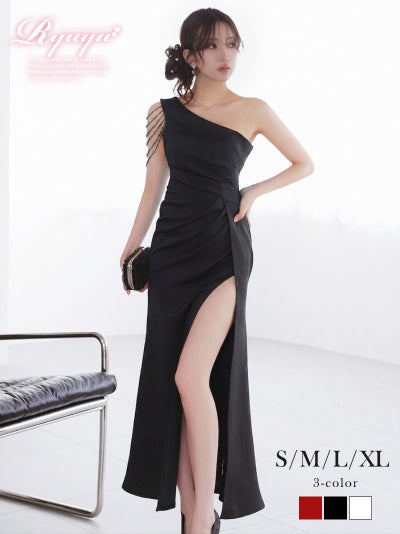 ※一部予約販売※シャンデリアビーズワンショルロングスリットマーメイドロングドレス 【Ryuyu】(S/M/L/XL(2L))(ブラック/ホワイト/レッド)