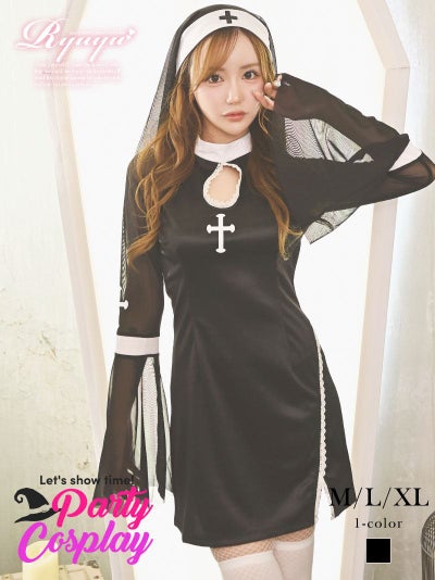 コスプレ シアーベルスリーブ胸元カットアウト十字架シスターコスチューム りせり 着用 【Ryuyu】(M/L/XL(2L))(ブラック)