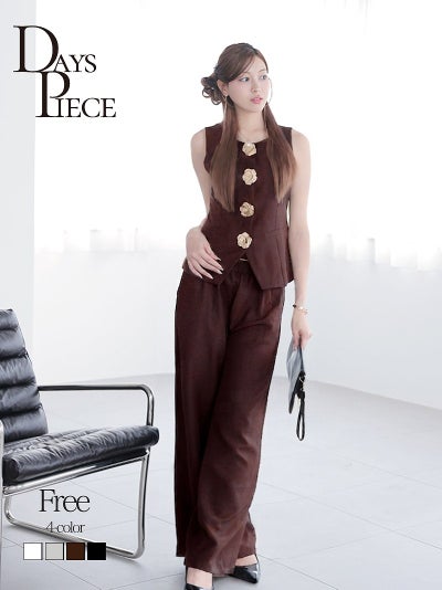 韓国風ゴールドローズボタンノースリーブワイドパンツセレブセットアップ 【DaysPiece】(フリーサイズ)(ホワイト/グレージュ/ブラック/ブラウン)