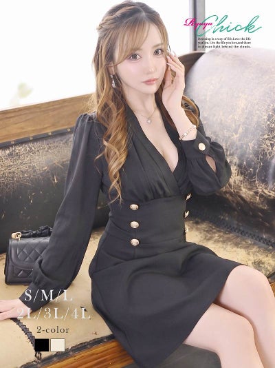 ※一部予約販売※韓国風サテン切替カシュクールボタン長袖ミニドレス りせり 着用 キャバドレス【RyuyuChick】(M/L/XL(2L)/XXL(3L)/XXXL(4L))(ブラック/ホワイト)