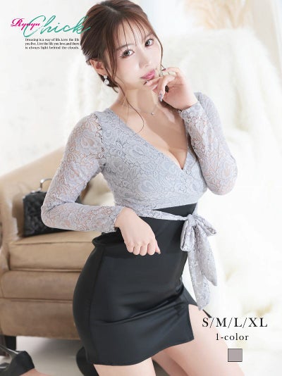 大人モノトーン配色カシュクールレース袖脚長タイトミニドレス 【RyuyuChick】(S/M/L/XL(2L))(グレー)