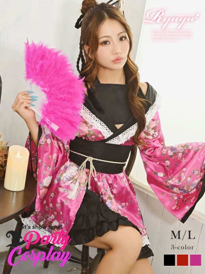 [一部予約]【コスプレ】オフショルレース和柄振袖ミニドレスセットアップ【Ryuyu】(M/L)(ピンク/ブラック/レッド)
