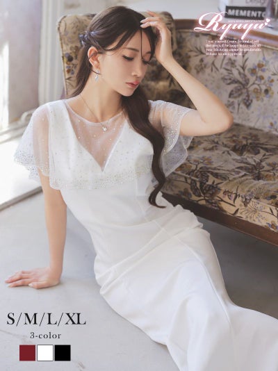 【ロングドレス】ラメボレロ付きラグジュアリー高級感パーティー体型カバーキャバドレス【Ryuyu】(M/L/XL(2L))(レッド/ホワイト/ブラック)